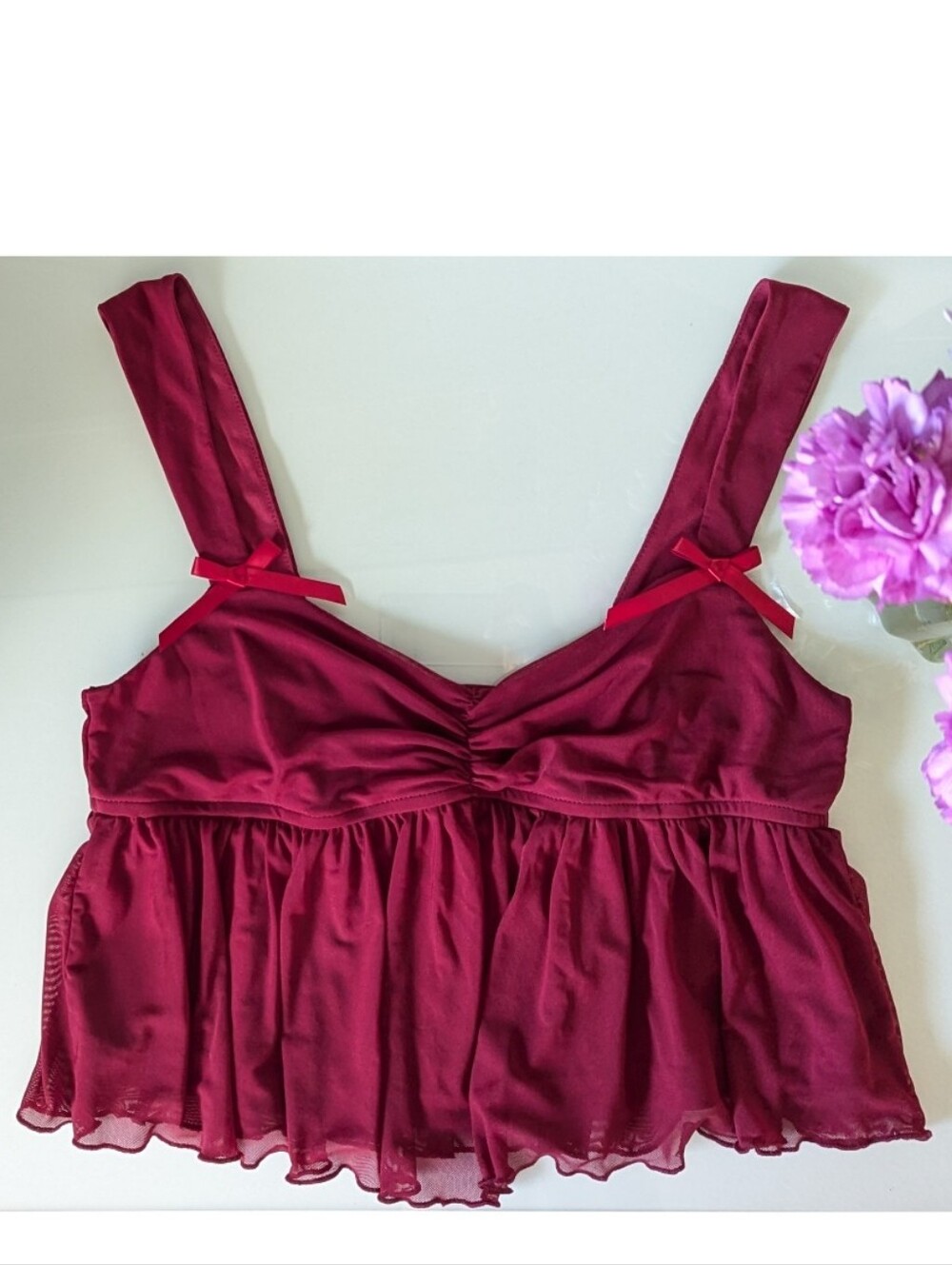 Easelle Red Mesh Ruffle Trim Babydoll Camisole Tank Top - Picture 2 of 9